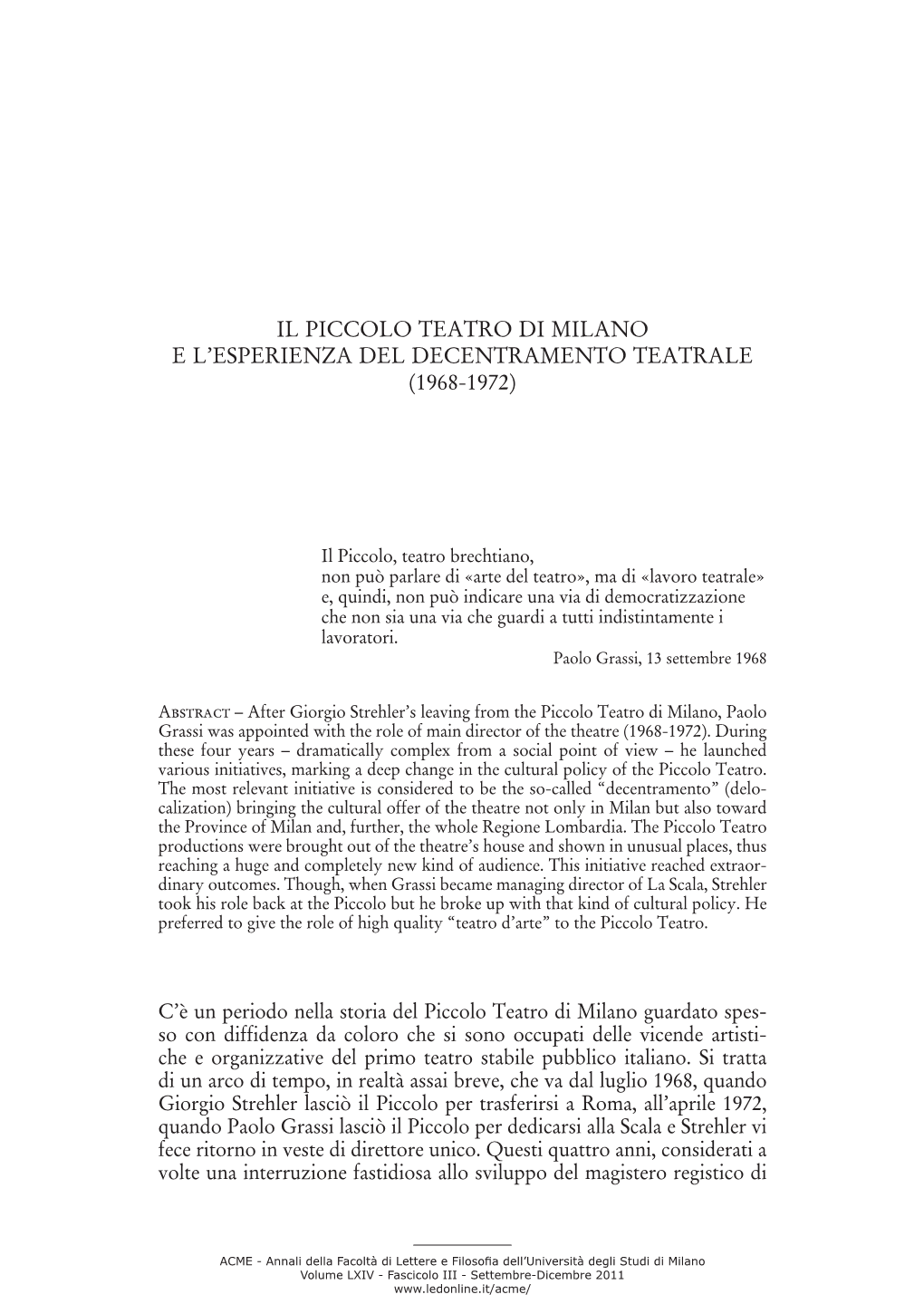 Il Piccolo Teatro Di Milano E L'esperienza Del Decentramento