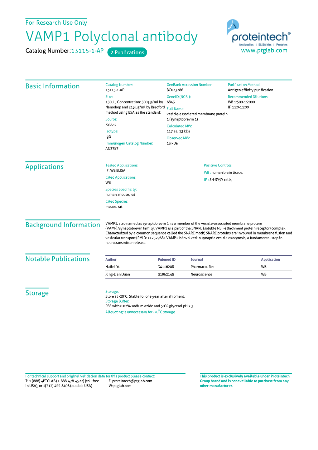 VAMP1 Polyclonal Antibody Catalog Number:13115-1-AP 2 Publications