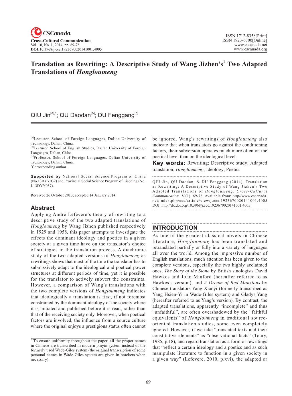 Translation As Rewriting: a Descriptive Study of Wang Jizhen’S1 Two Adapted Translations of Hongloumeng