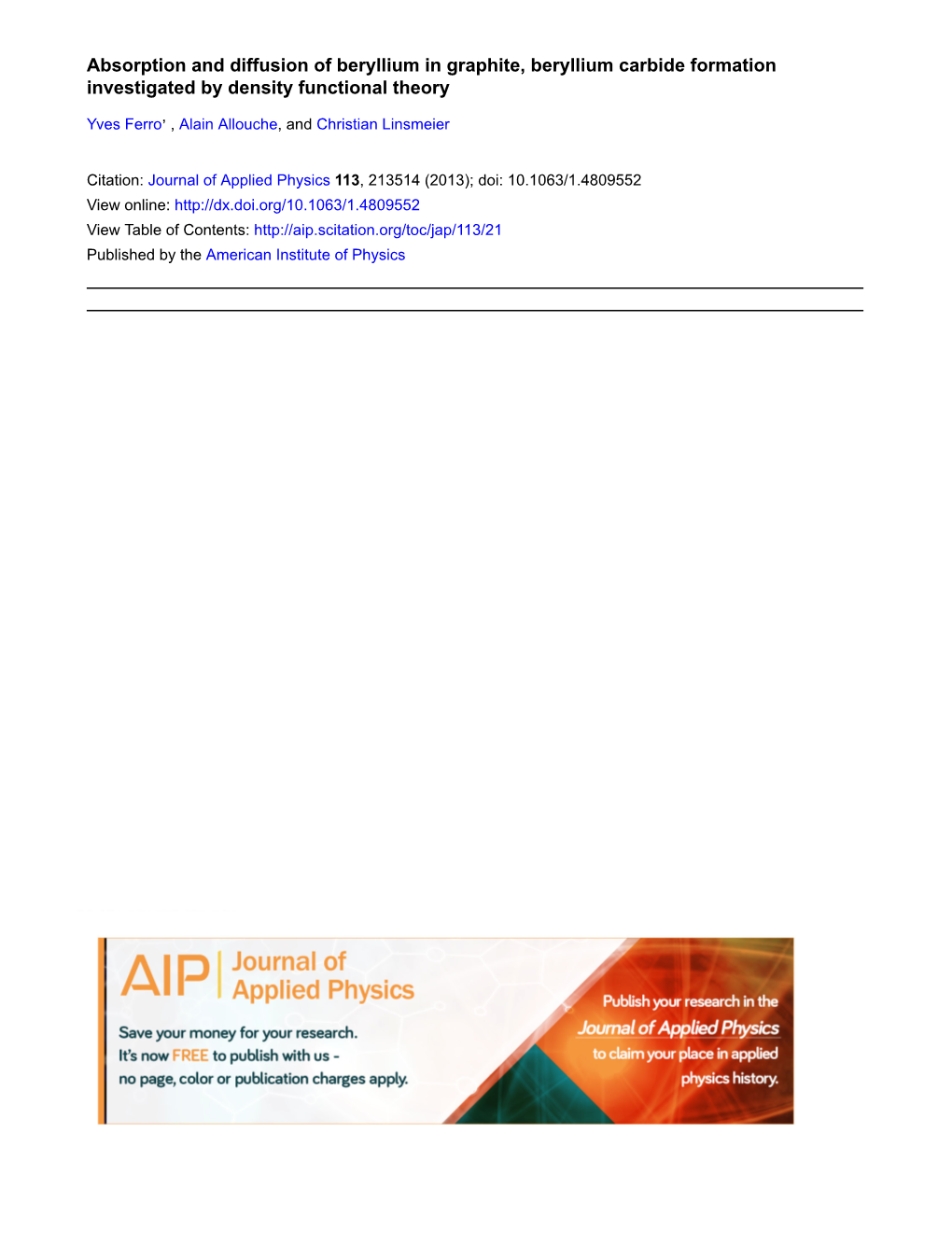 Absorption and Diffusion of Beryllium in Graphite, Beryllium Carbide