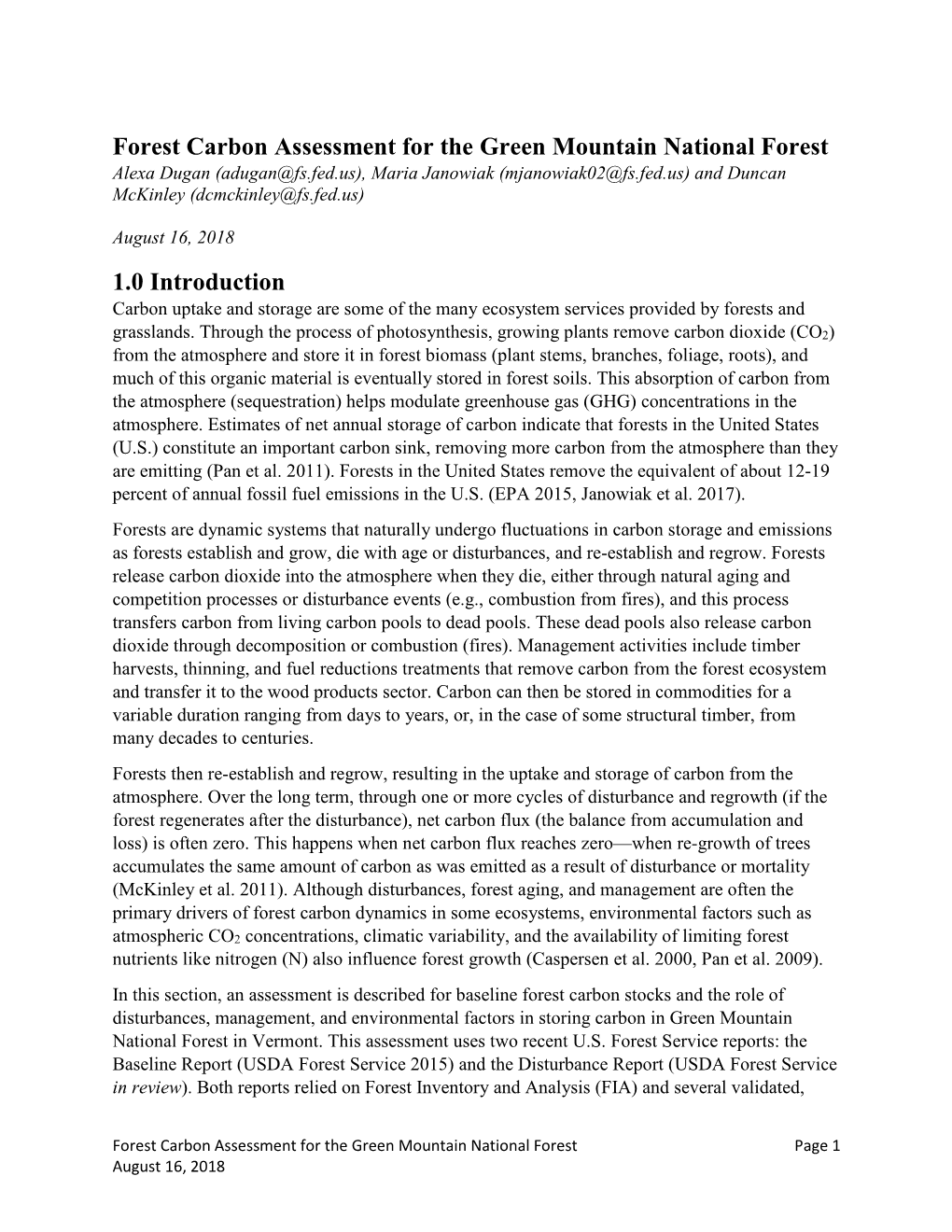 Forest Carbon Assessment for the Green Mountain National Forest 1.0