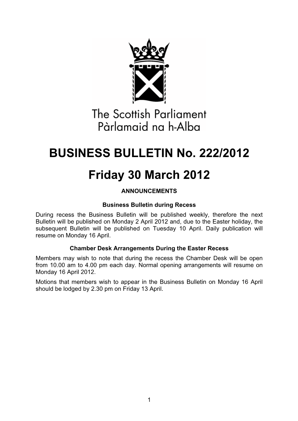 BUSINESS BULLETIN No. 222/2012 Friday 30 March 2012