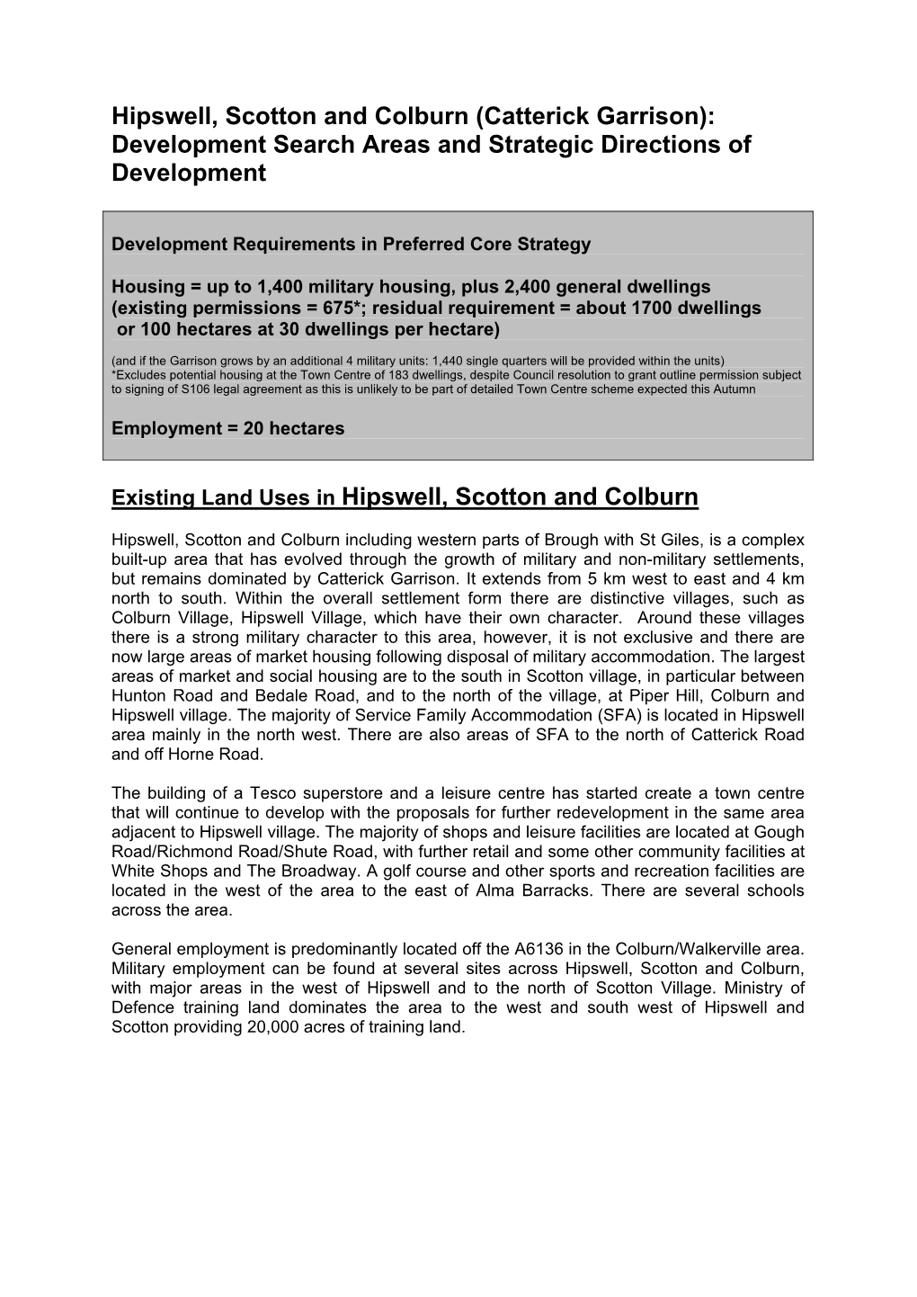 Hipswell, Scotton and Colburn (Catterick Garrison): Development Search Areas and Strategic Directions of Development