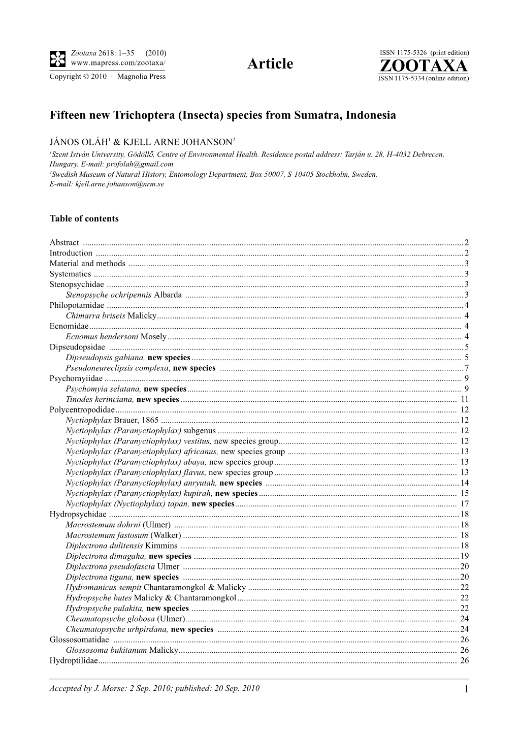 Zootaxa, Fifteen New Trichoptera (Insecta) Species from Sumatra