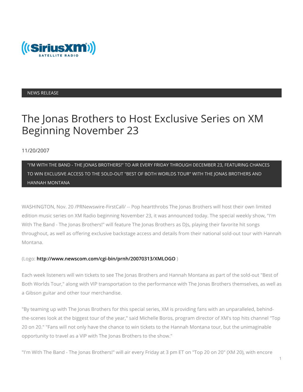 The Jonas Brothers to Host Exclusive Series on XM Beginning November 23