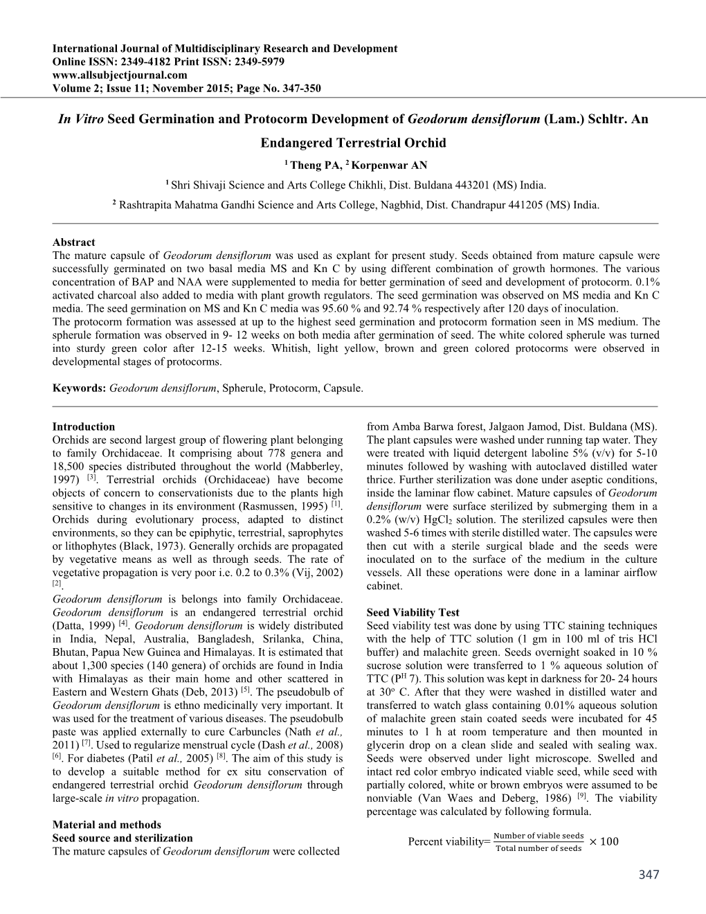 347 in Vitro Seed Germination and Protocorm Development Of