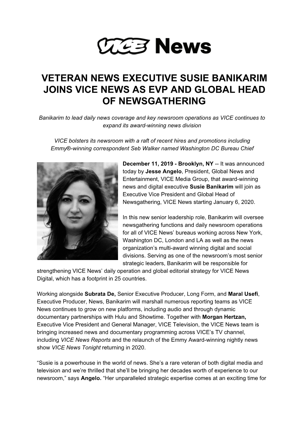 Veteran News Executive Susie Banikarim Joins Vice News As Evp and Global Head of Newsgathering