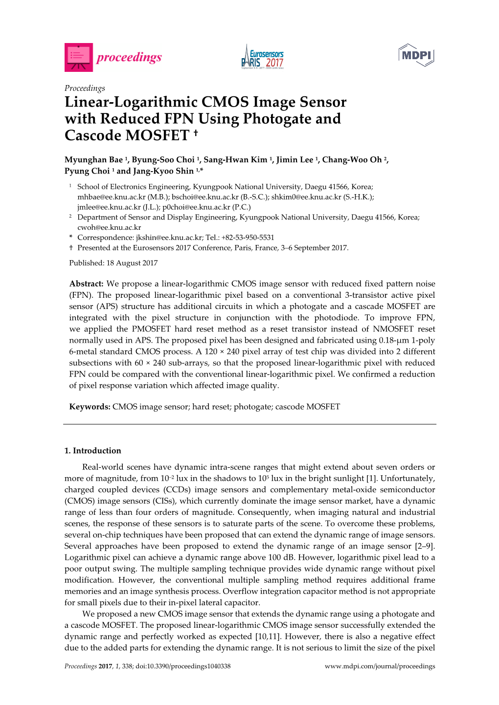 Linear-Logarithmic CMOS Image Sensor with Reduced FPN Using Photogate and Cascode MOSFET †