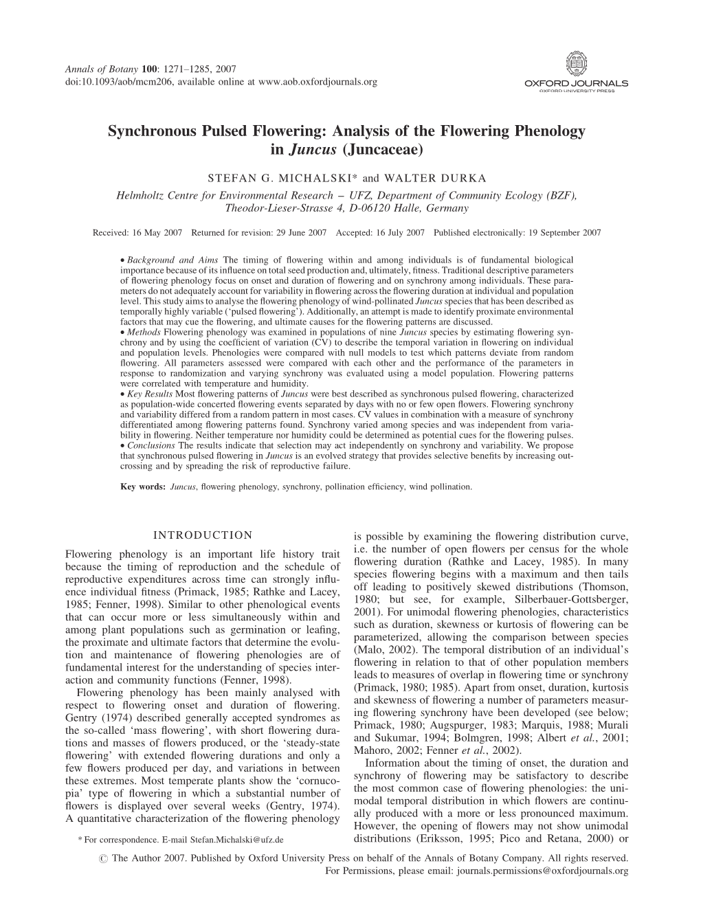 Analysis of the Flowering Phenology in Juncus (Juncaceae)