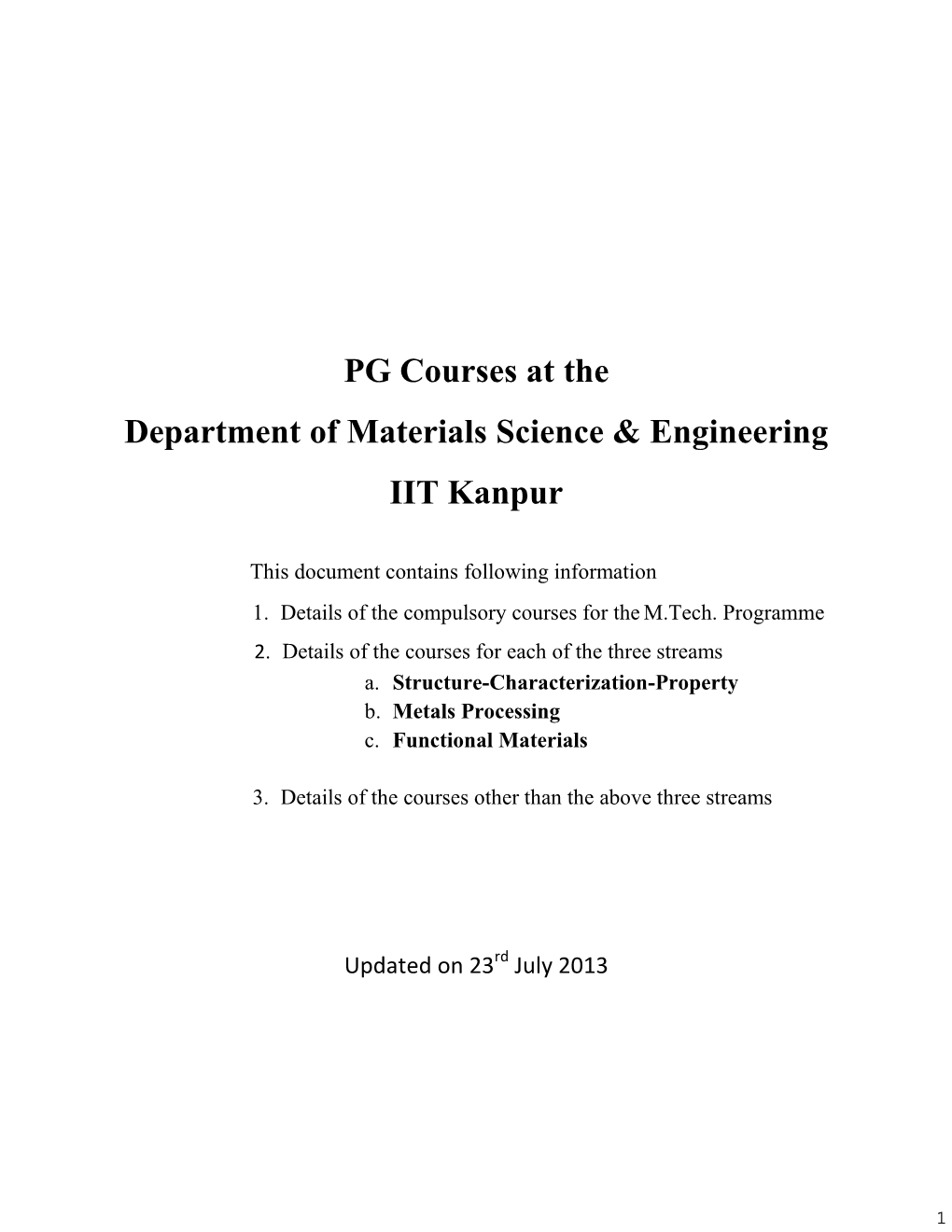 PG Courses at the Department of Materials Science & Engineering IIT