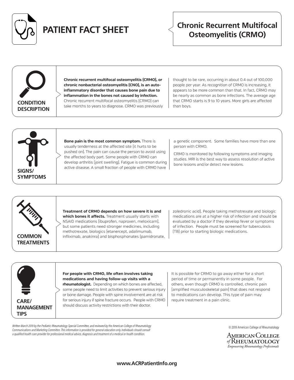 PATIENT FACT SHEET Chronic Recurrent Multifocal Osteomyelitis (CRMO)