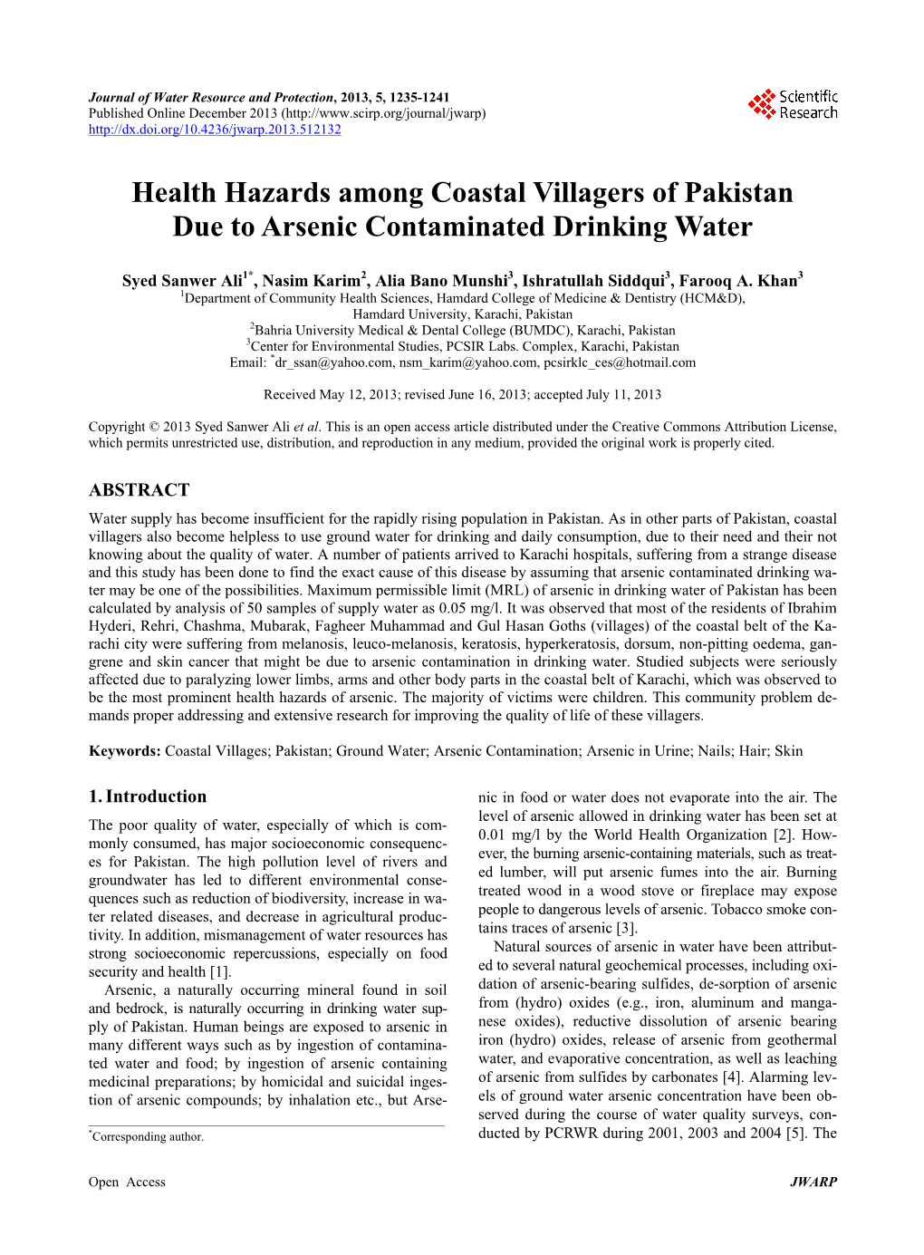 Health Hazards Among Coastal Villagers of Pakistan Due to Arsenic Contaminated Drinking Water