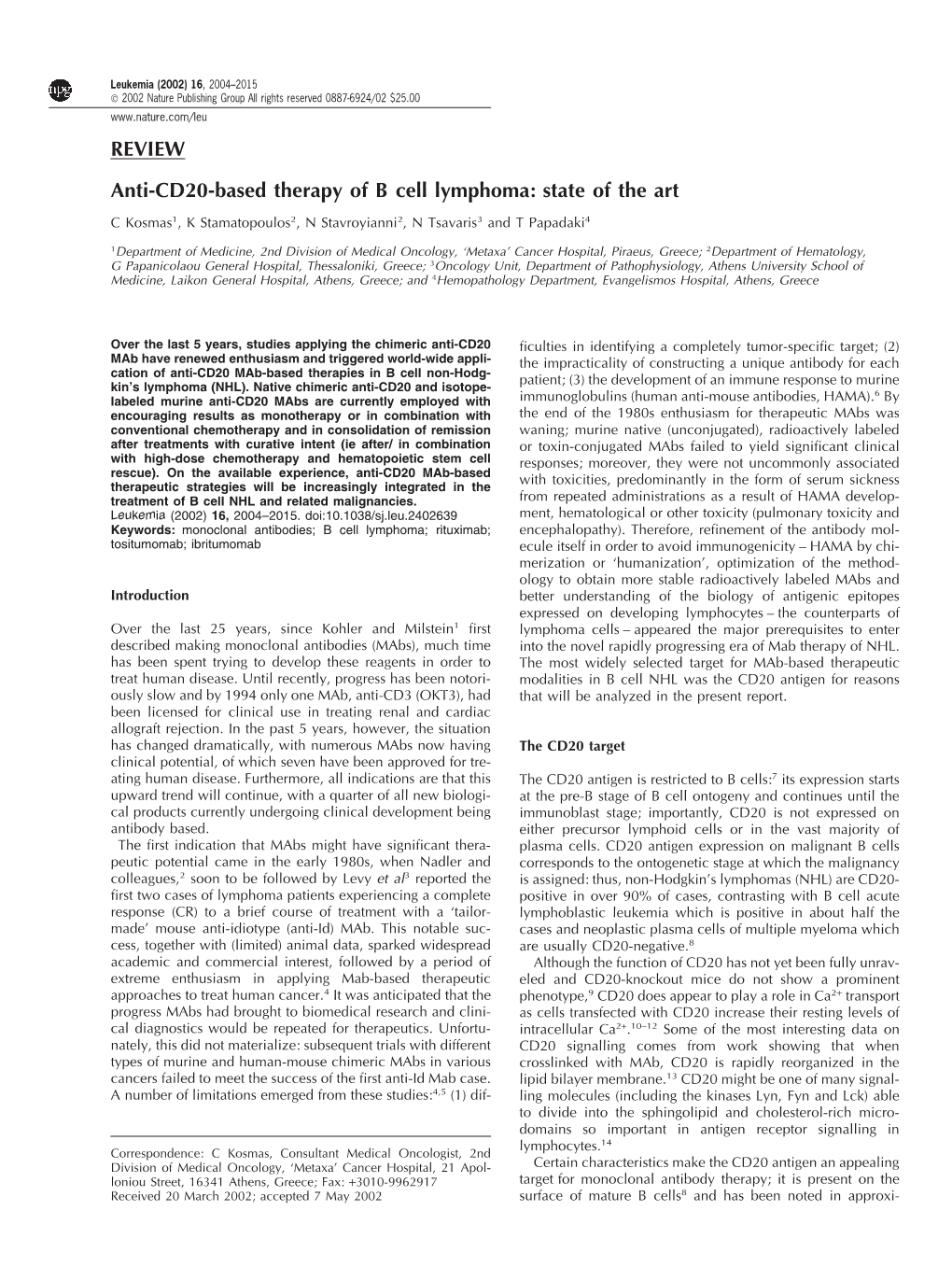 REVIEW Anti-CD20-Based Therapy of B Cell Lymphoma: State of The