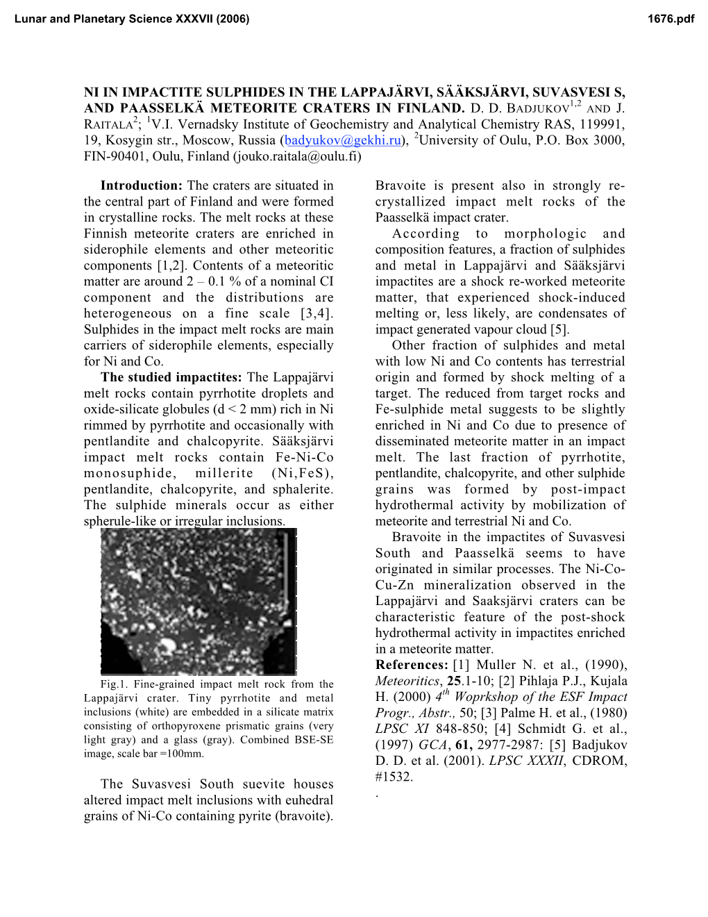 Ni in Impactite Sulphides in the Lappajärvi, Sääksjärvi, Suvasvesi S, 1,2 and Paasselkä Meteorite Craters in Finland