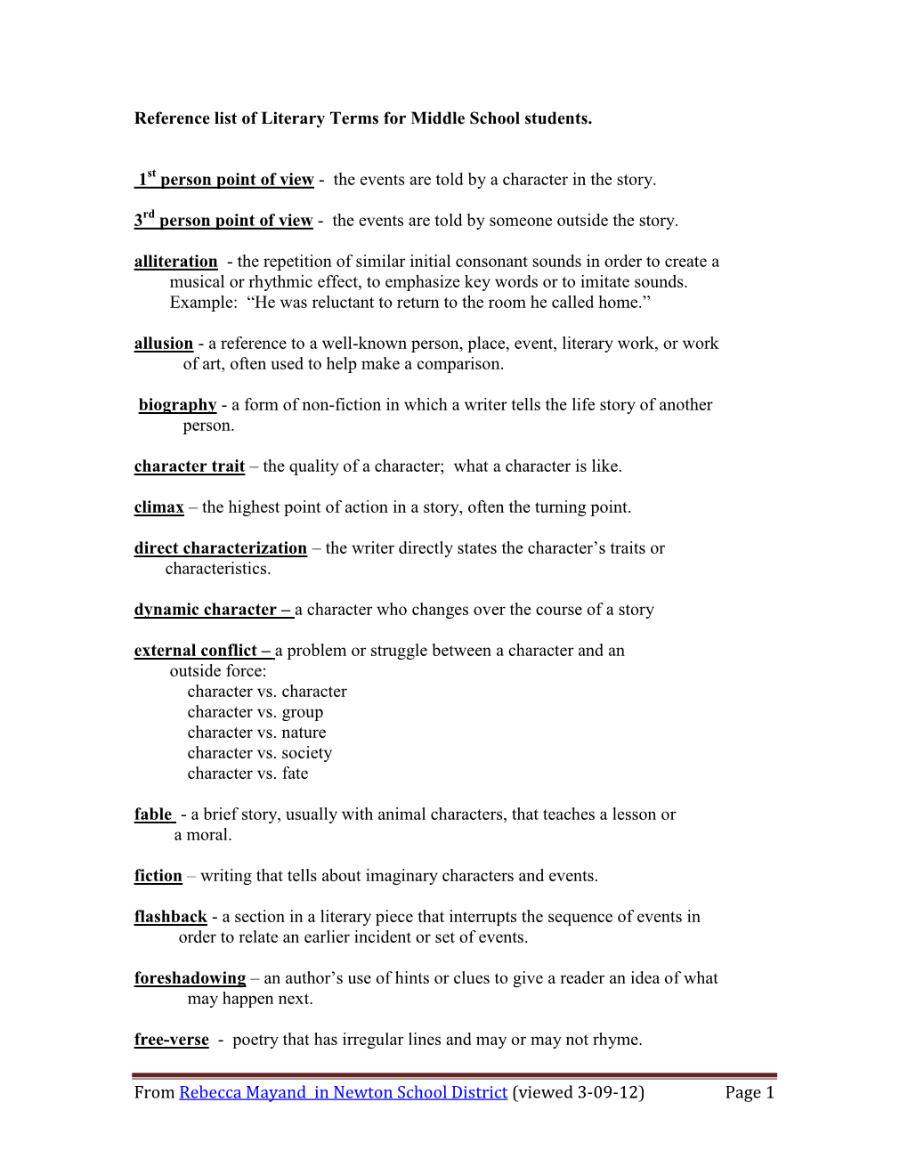 Cumulative List of Literary Terms for Middle School