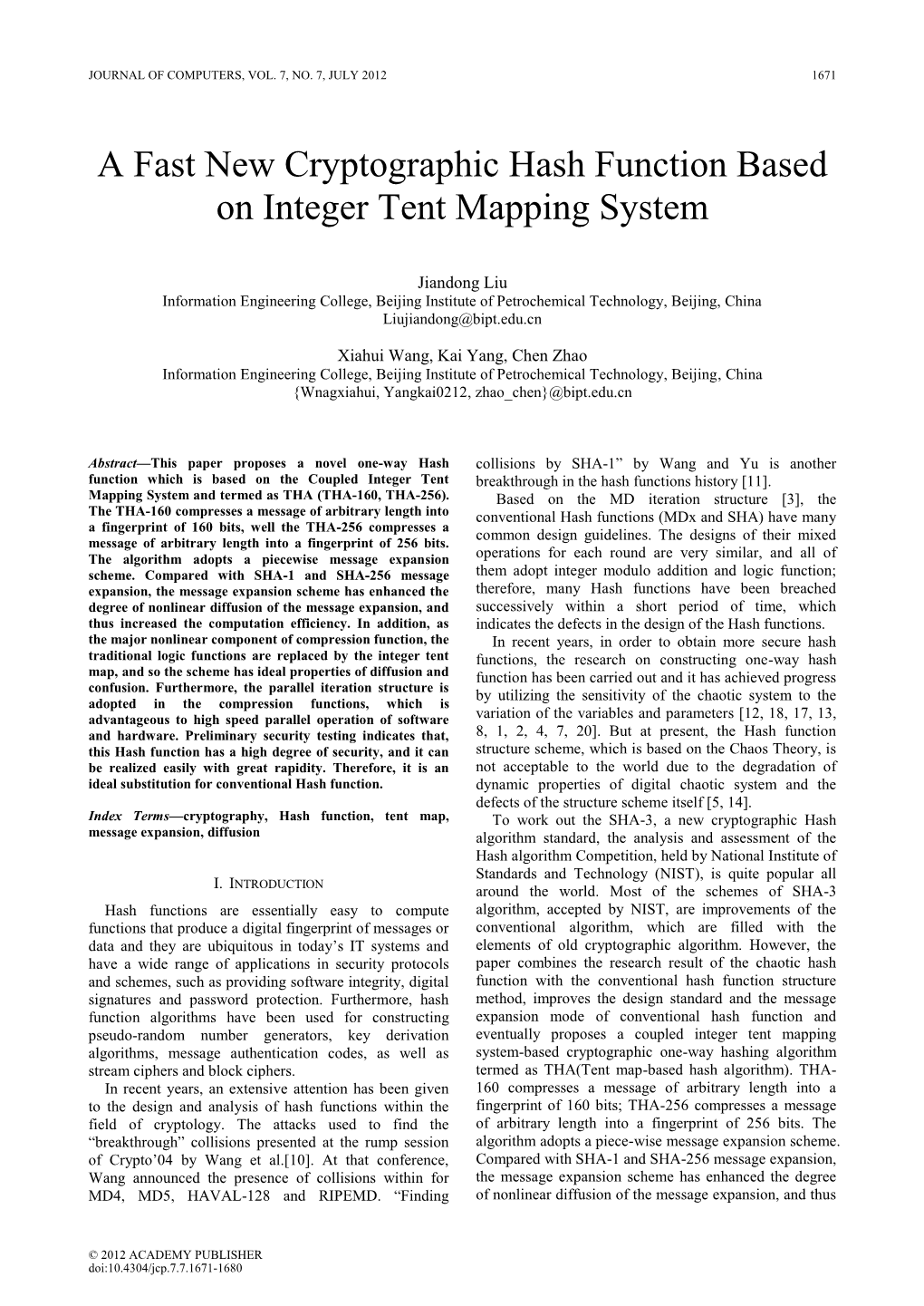 A Fast New Cryptographic Hash Function Based on Integer Tent Mapping System