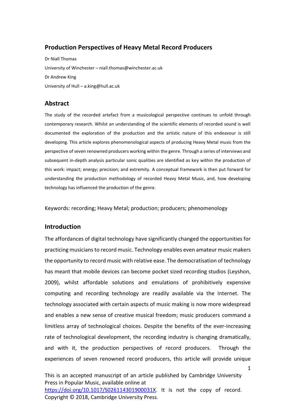 Production Perspectives of Heavy Metal Record Producers Abstract