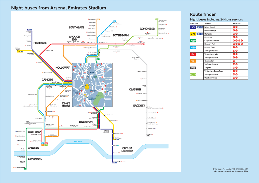 Night Buses from Arsenal Emirates Stadium Route Finder