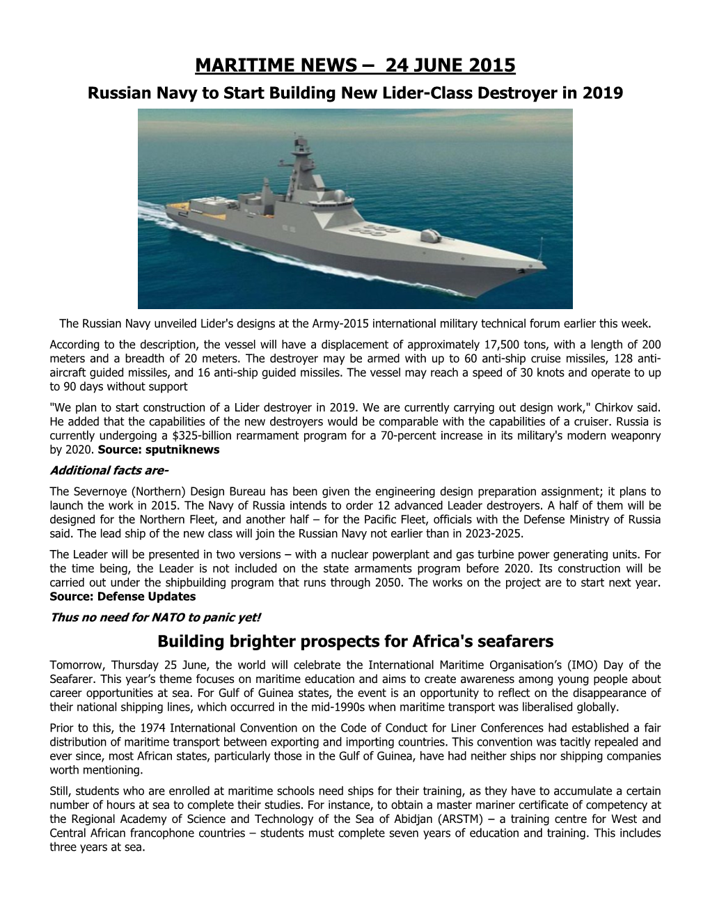 MARITIME NEWS – 24 JUNE 2015 Russian Navy to Start Building New Lider-Class Destroyer in 2019