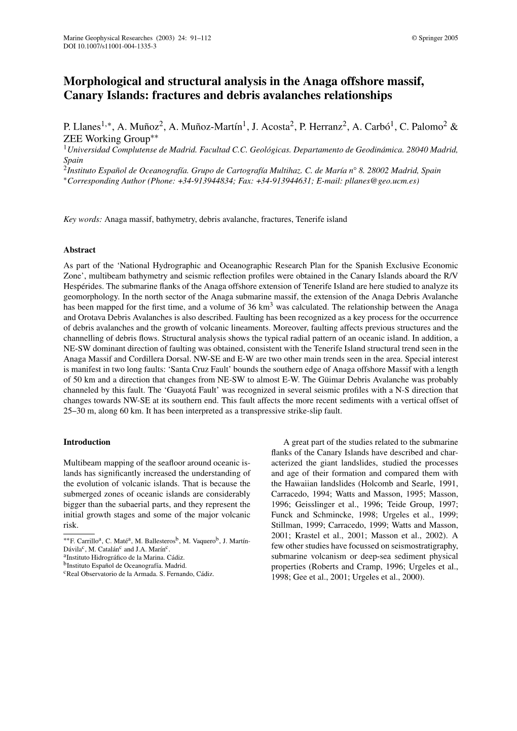 Morphological and Structural Analysis in the Anaga Offshore Massif, Canary Islands: Fractures and Debris Avalanches Relationships