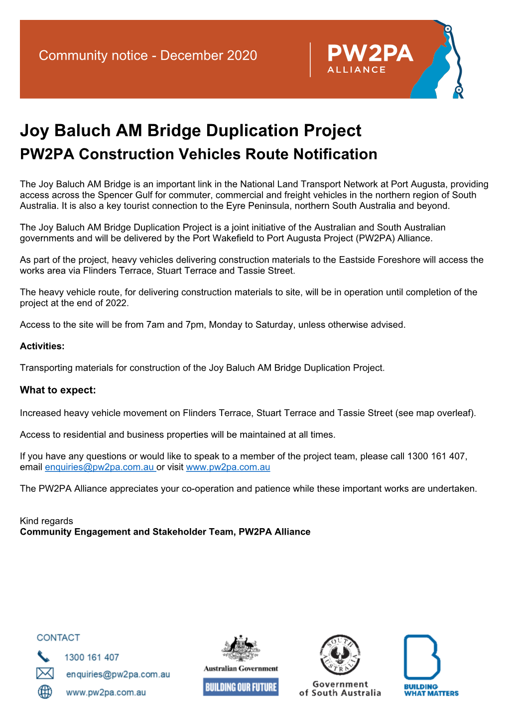 Joy Baluch AM Bridge Duplication Project PW2PA Construction Vehicles Route Notification