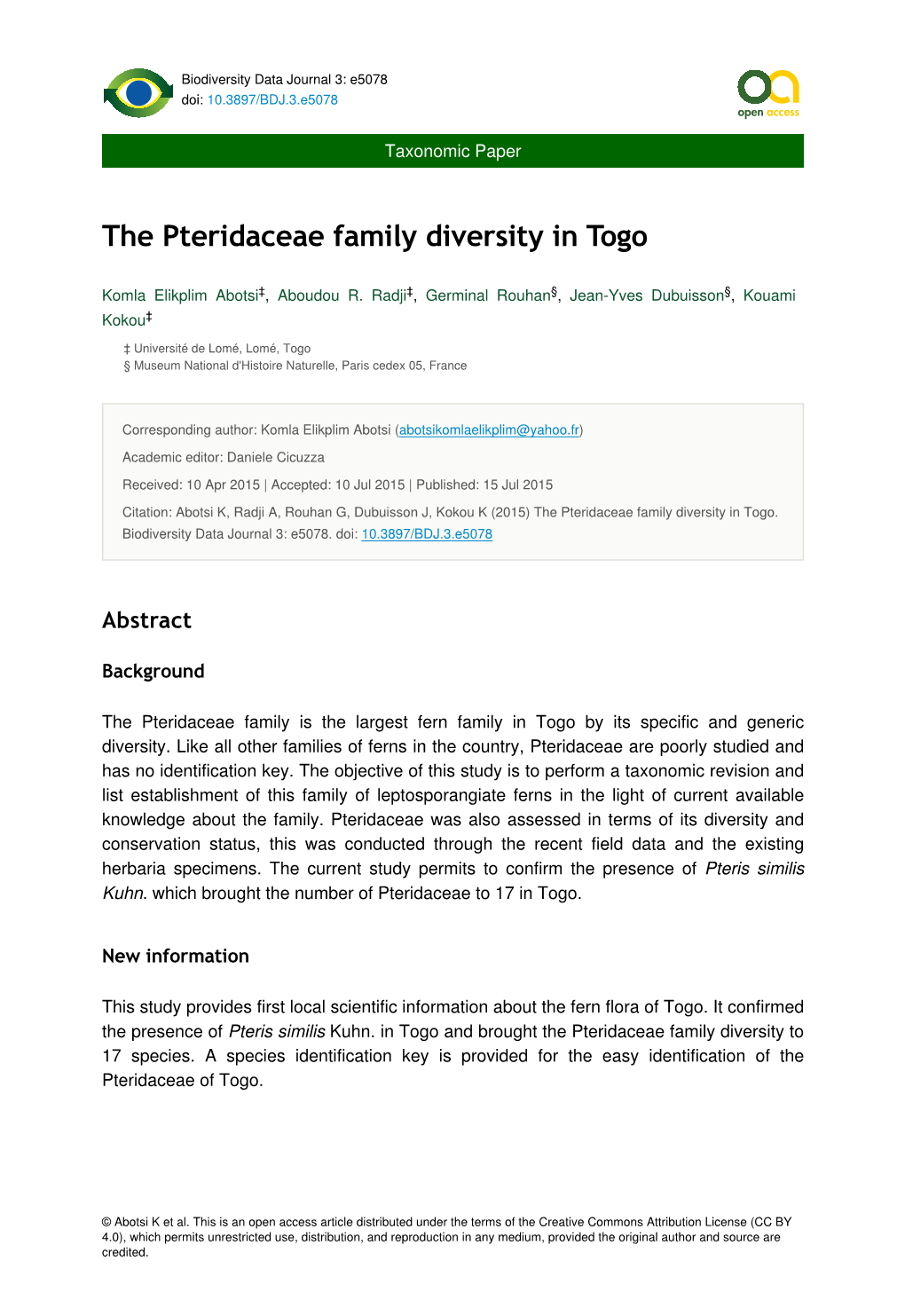 The Pteridaceae Family Diversity in Togo