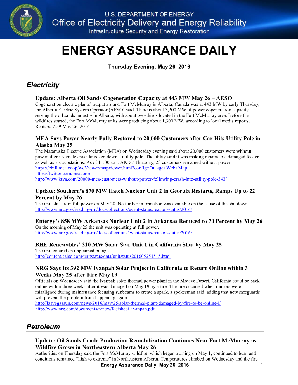 Energy Assurance Daily