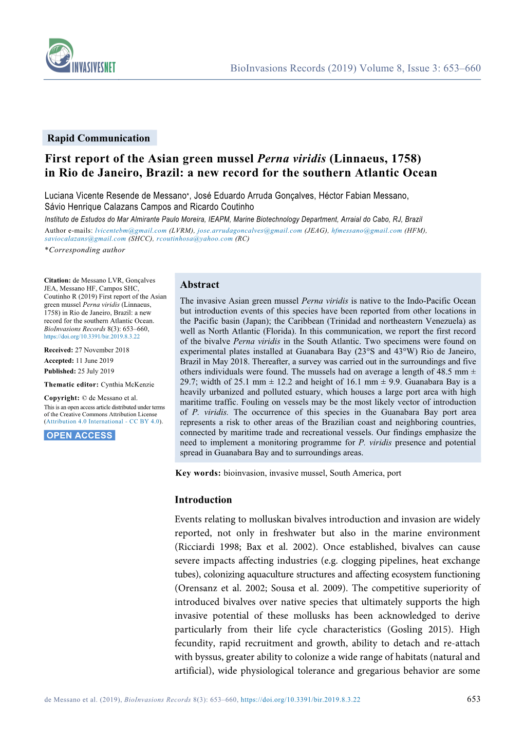 First Report of the Asian Green Mussel Perna Viridis (Linnaeus, 1758) in Rio De Janeiro, Brazil: a New Record for the Southern Atlantic Ocean