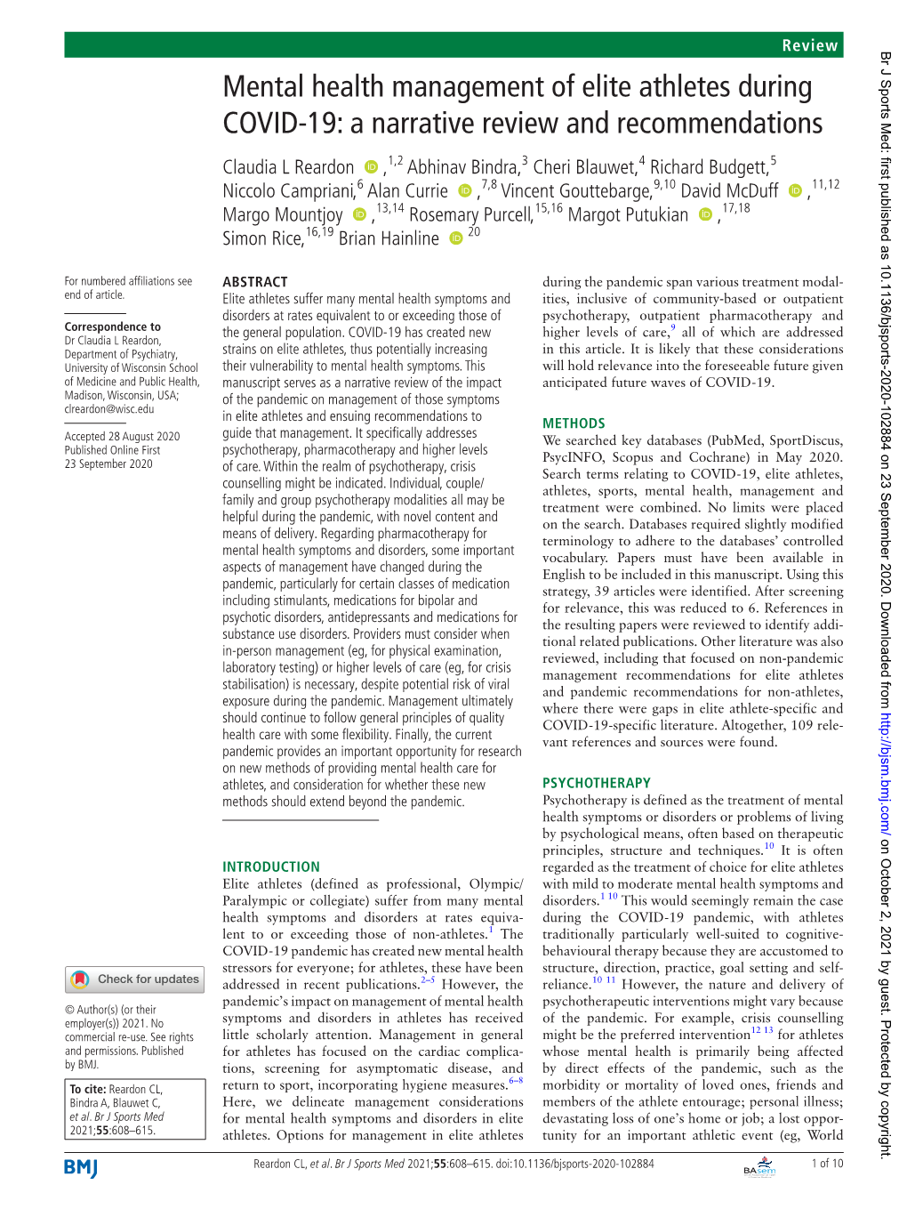 Mental Health Management of Elite Athletes During COVID-19: a Narrative Review and Recommendations