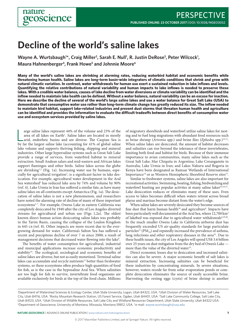 Decline of the World's Saline Lakes