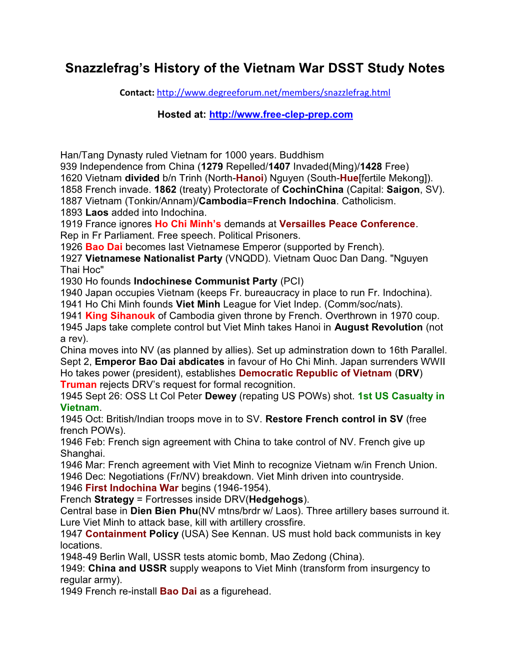 Snazzlefrag's History of the Vietnam War DSST Study Notes