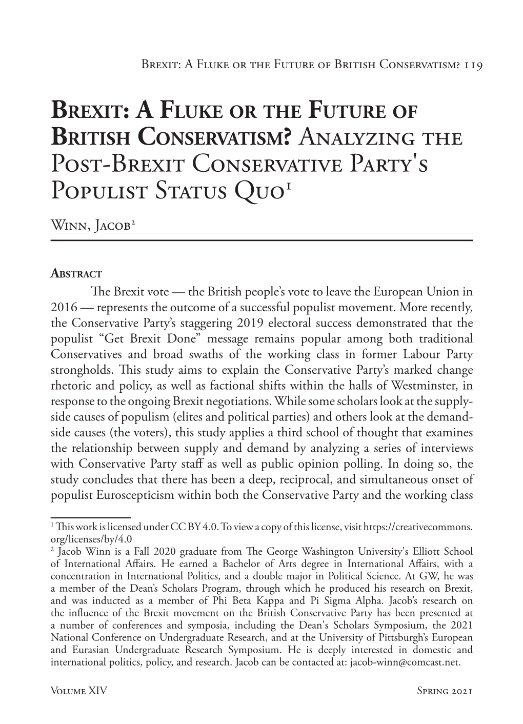 Analyzing the Post-Brexit Conservative Party's Populist Status Quo1 Winn, Jacob2