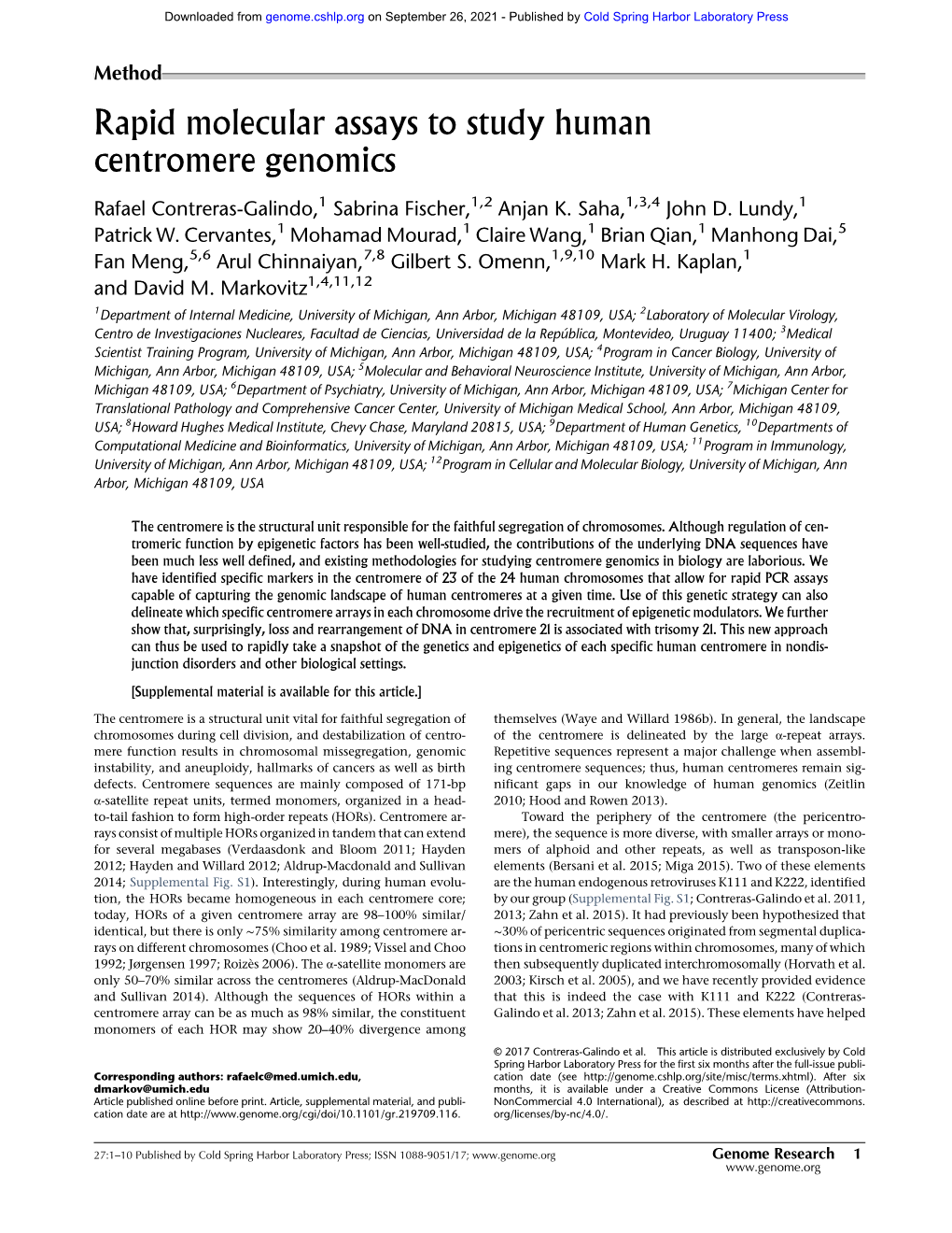 Rapid Molecular Assays to Study Human Centromere Genomics