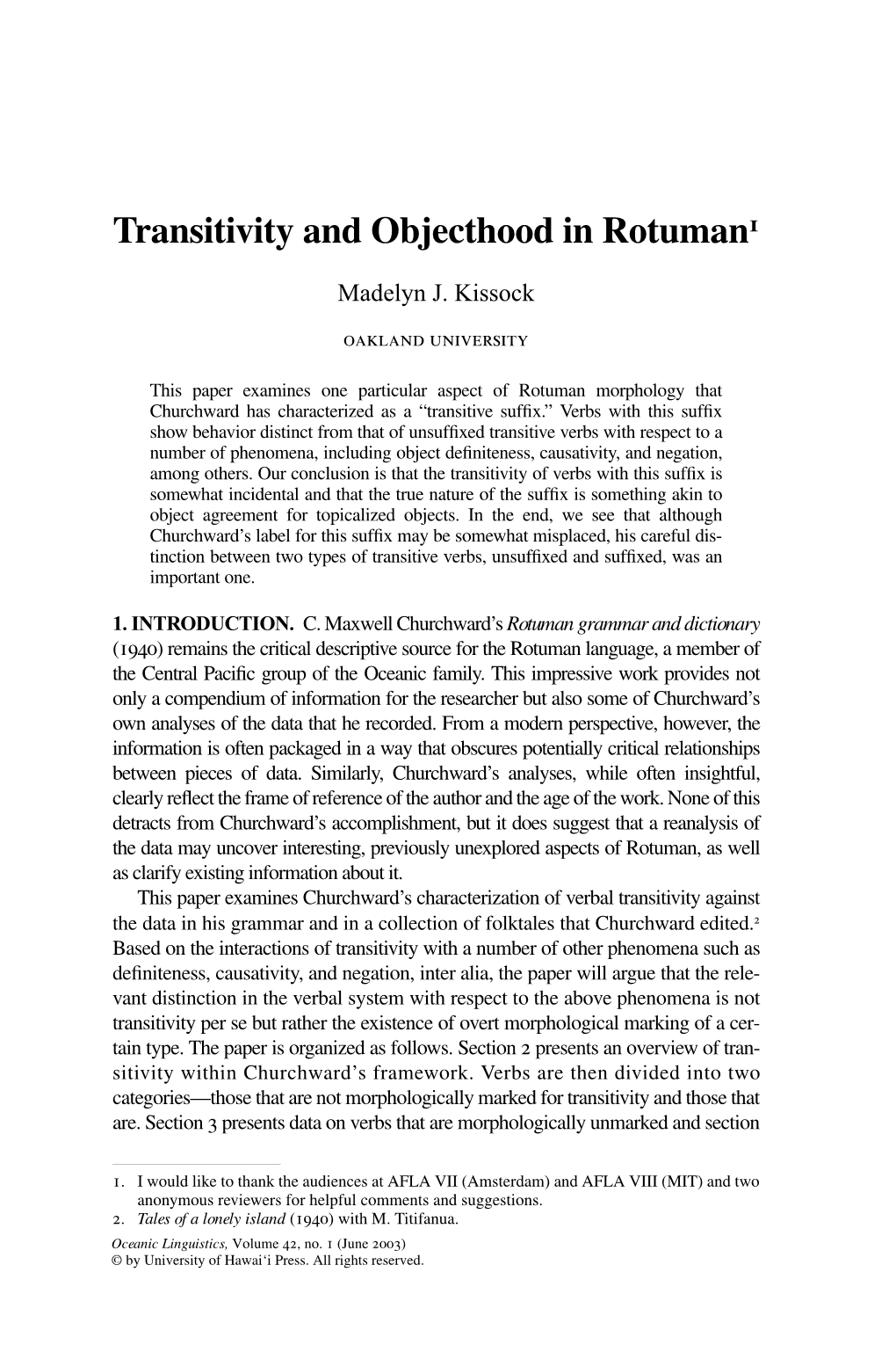 Transitivity and Objecthood in Rotuman1