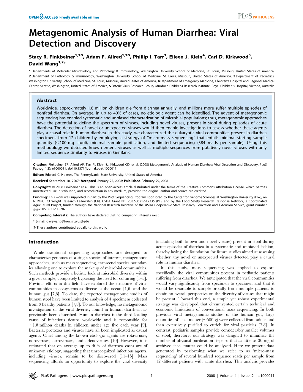 Metagenomic Analysis of Human Diarrhea: Viral Detection and Discovery