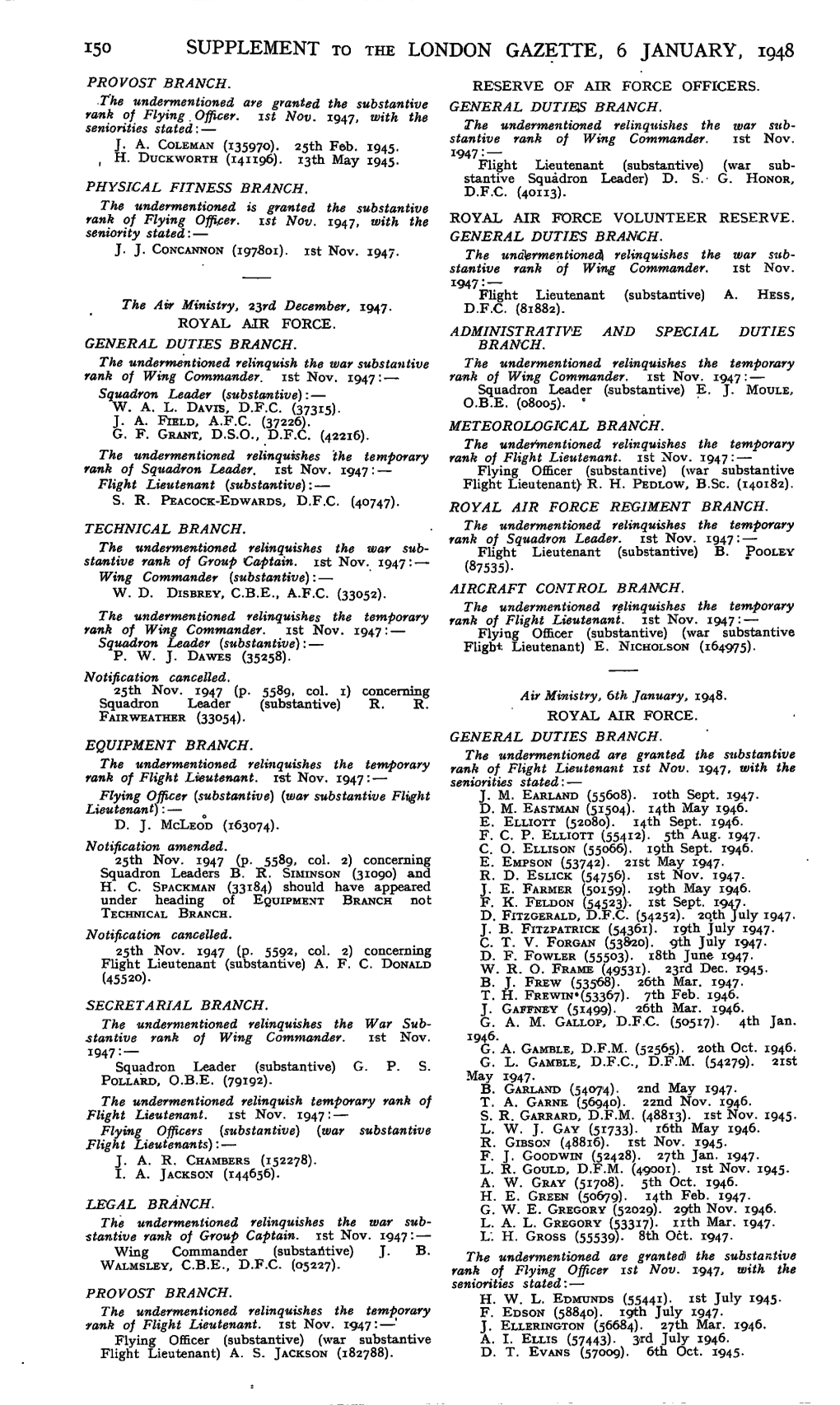 150 Supplement to the London Gazette, 6 January, 1948