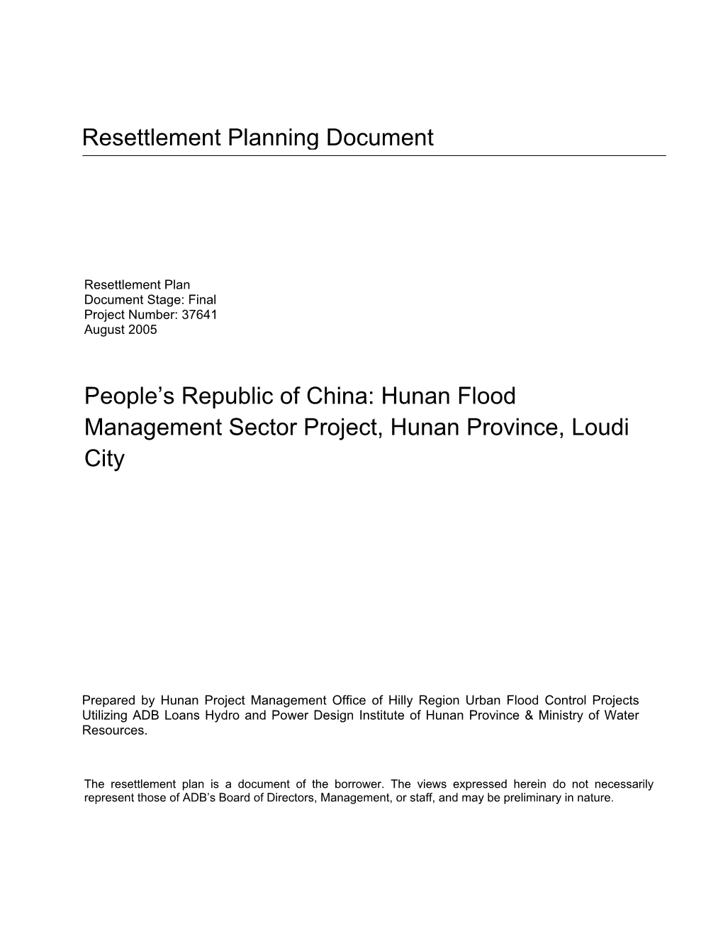Resettlement Planning Document People's Republic of China