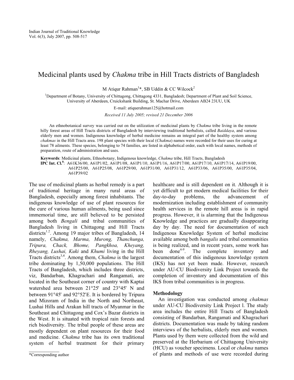 Medicinal Plants Used by Chakma Tribe in Hill Tracts Districts of Bangladesh