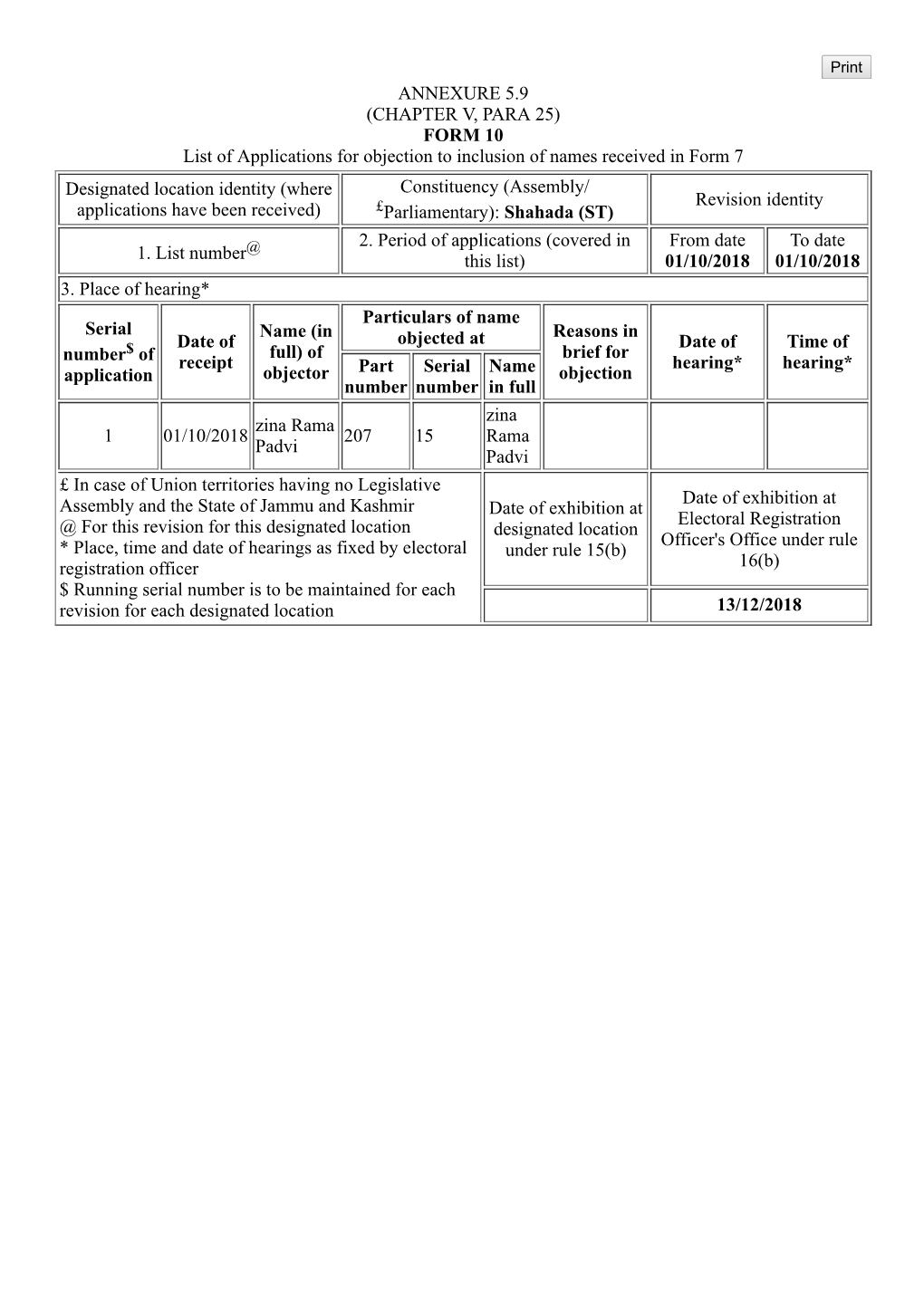 ANNEXURE 5.9 (CHAPTER V, PARA 25) FORM 10 List of Applications For