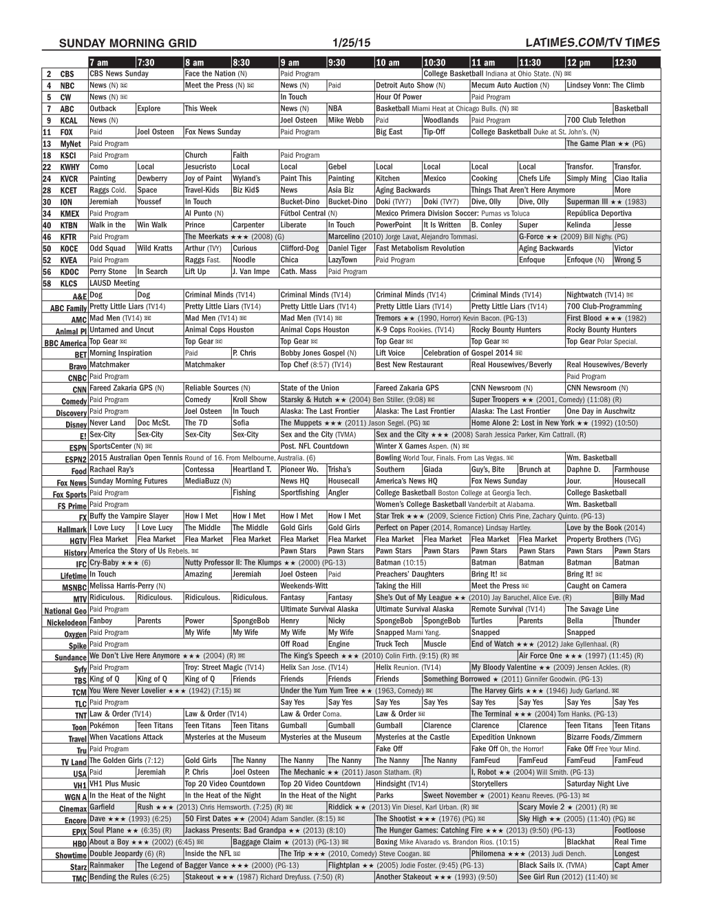 Sunday Morning Grid 1/25/15 Latimes.Com/Tv Times