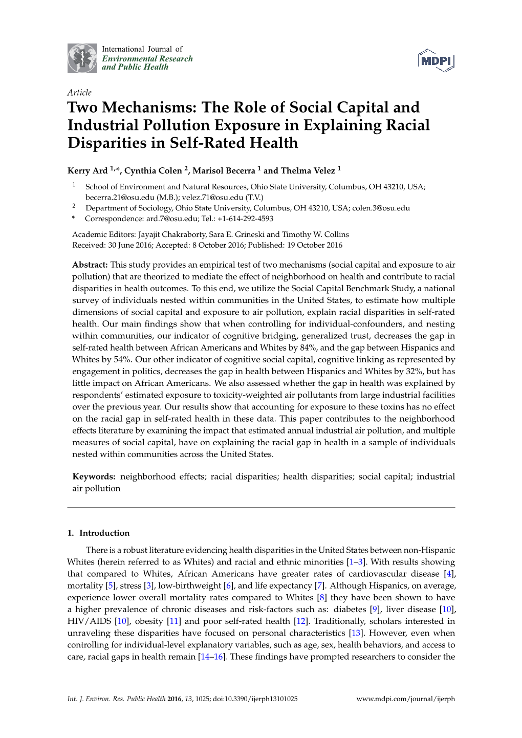 Two Mechanisms: the Role of Social Capital and Industrial Pollution Exposure in Explaining Racial Disparities in Self-Rated Health