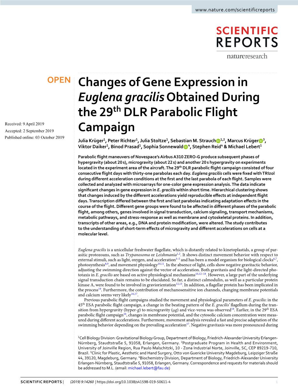 Changes of Gene Expression in Euglena Gracilis Obtained During the 29Th DLR Parabolic Flight Campaign