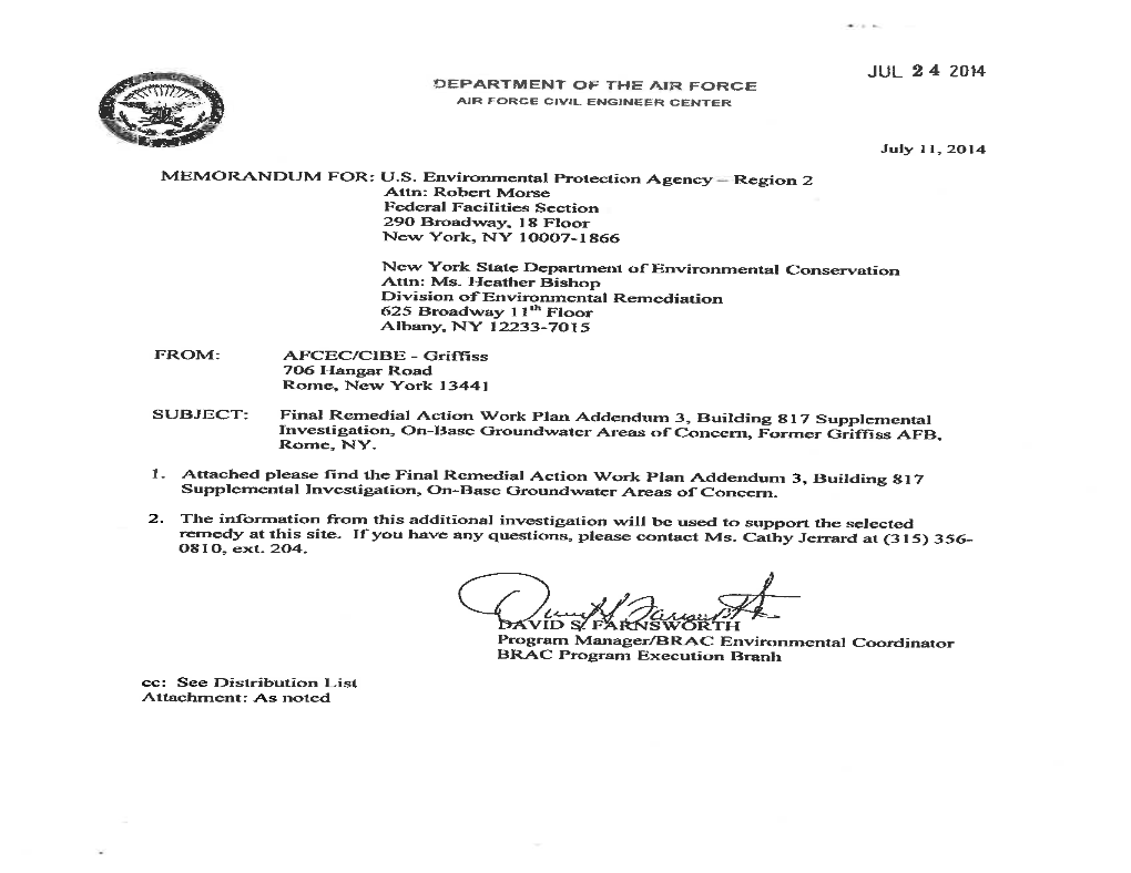 Remedial Action Work Plan Addendum 3 Building 817 Supplemental Investigation Former Griffiss Air Force Base Rome, New York