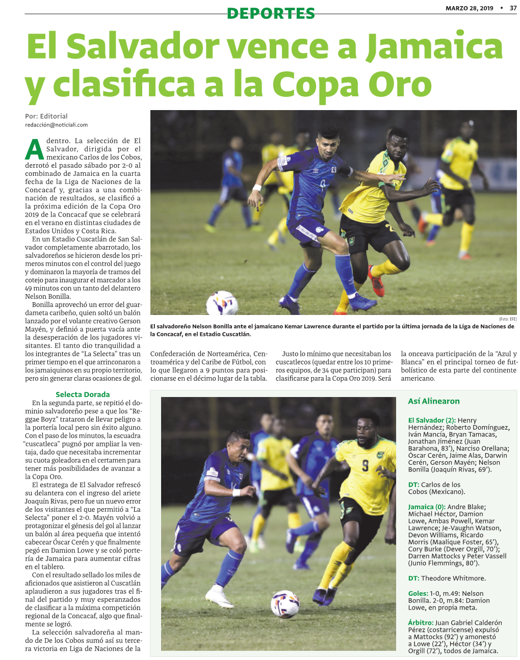 El Salvador Vence a Jamaica Y Clasifica a La Copa