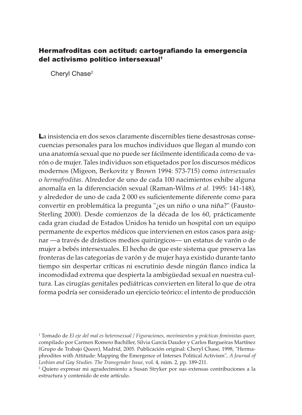 Hermafroditas Con Actitud: Cartografiando La Emergencia Del Activismo Político Intersexual1