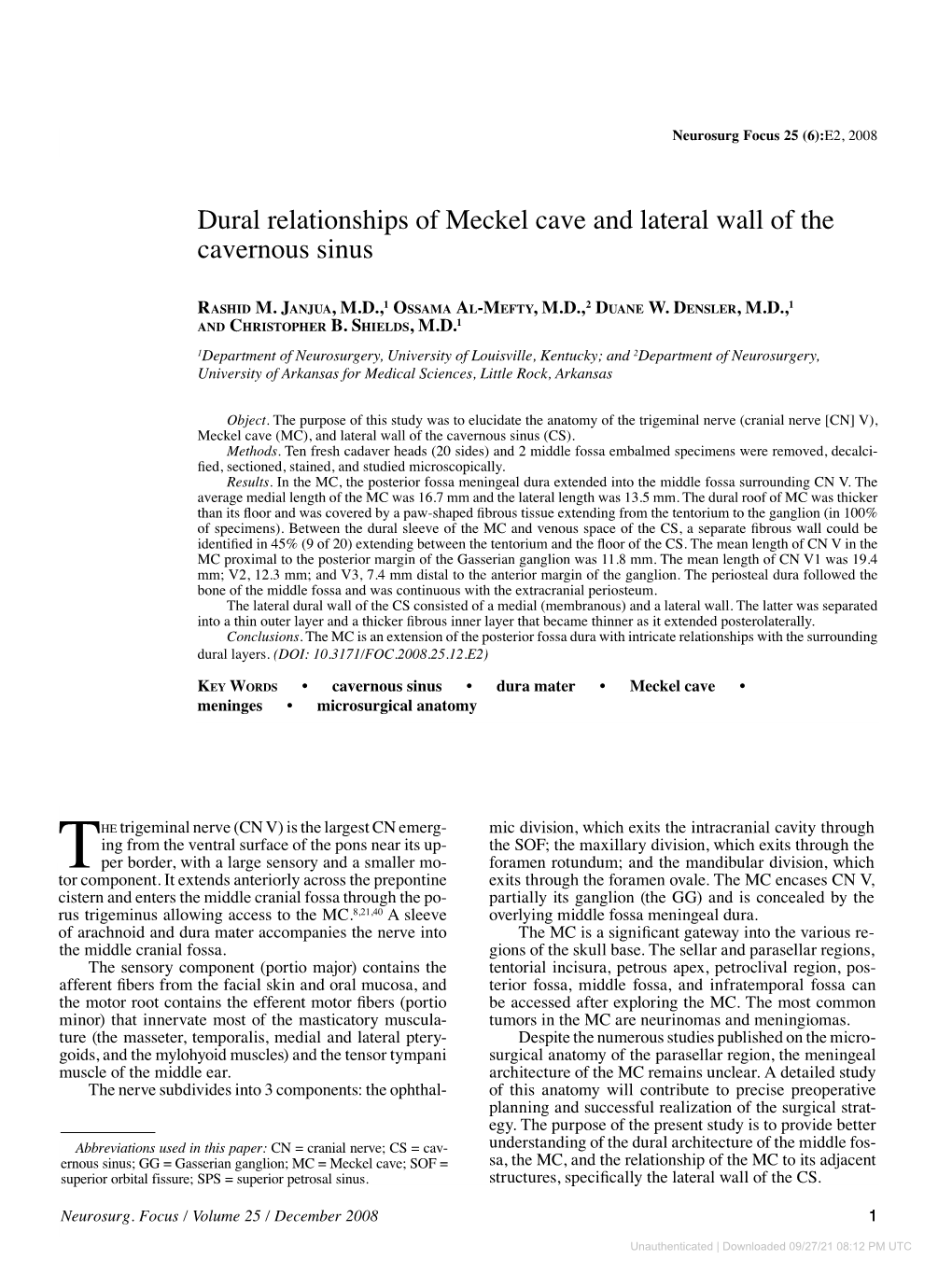 Dural Relationships of Meckel Cave and Lateral Wall of the Cavernous Sinus