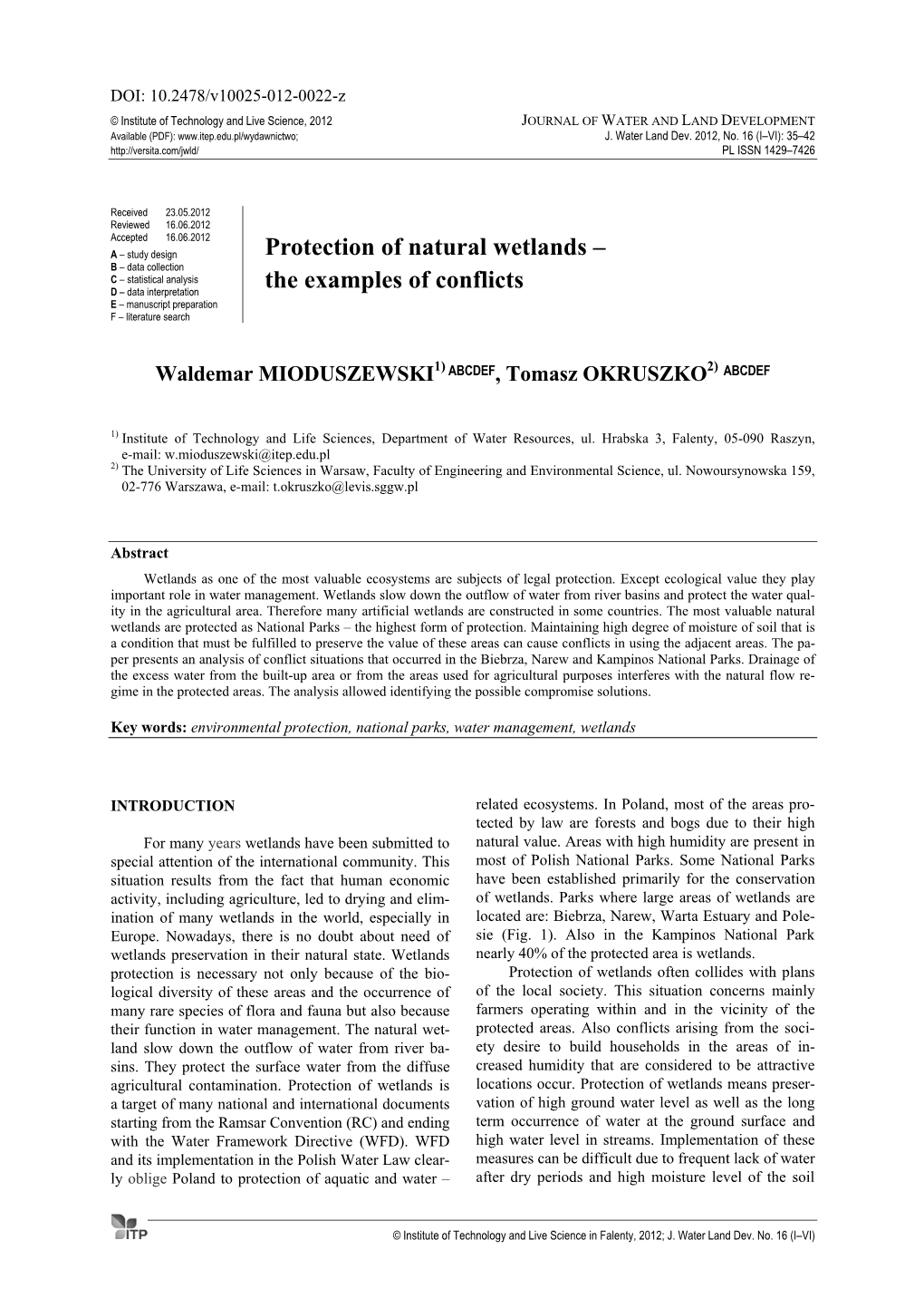 Protection of Natural Wetlands – the Examples of Conflicts 37