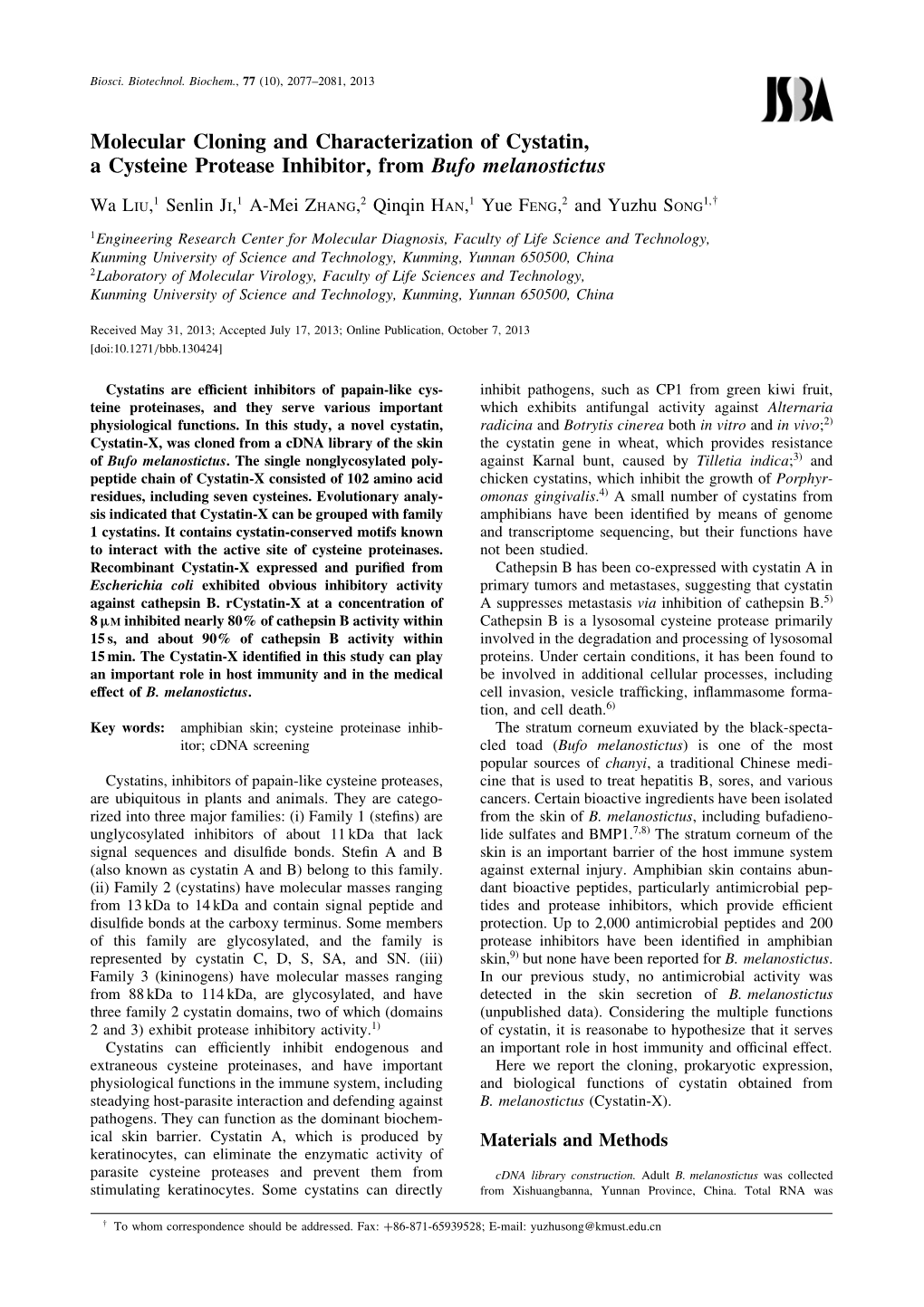 Molecular Cloning and Characterization of Cystatin, a Cysteine Protease Inhibitor, from Bufo Melanostictus