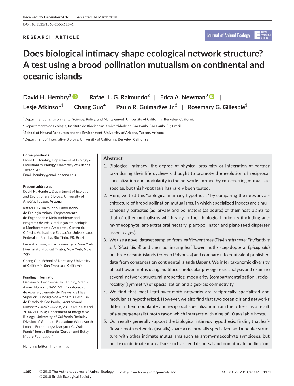 Does Biological Intimacy Shape Ecological Network Structure? a Test Using a Brood Pollination Mutualism on Continental and Oceanic Islands