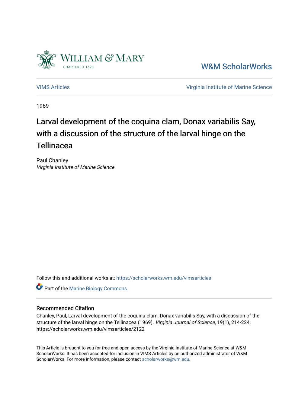 Larval Development of the Coquina Clam, Donax Variabilis Say, with a Discussion of the Structure of the Larval Hinge on the Tellinacea